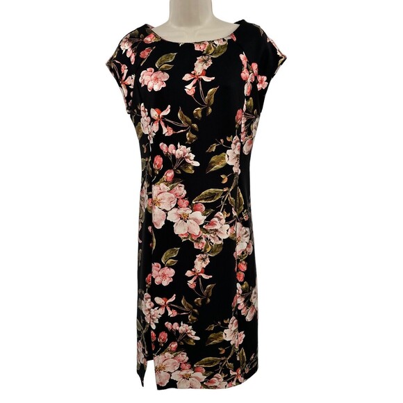 Beige Dress 4 Black Pink Floral Scuba Short Sleeve Sheath Side Slit Day to Night - Picture 1 of 9
